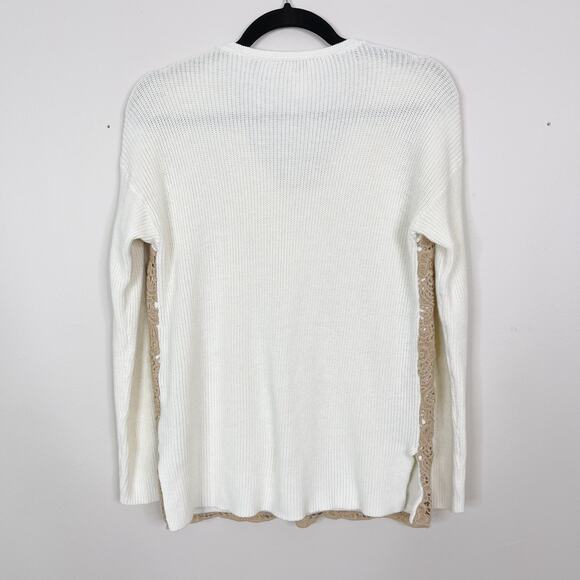 Chicos Size 0 / S Cream Beige Christina Lace Front Pullover Sweater Vneck Cotton - Picture 2 of 11